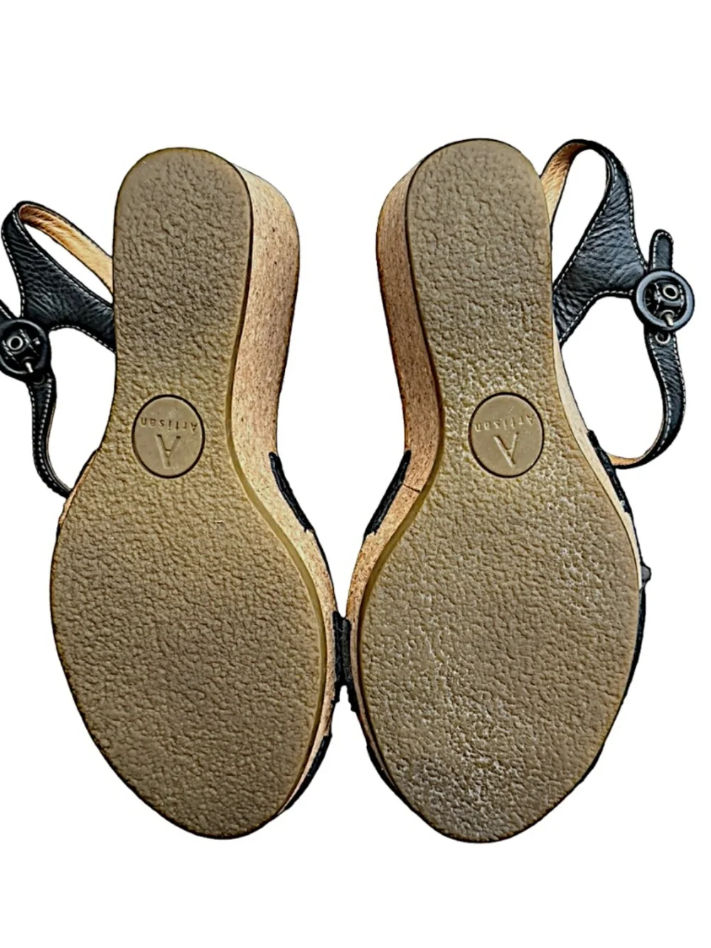 CLARKS Artisan Women’s Wedge Sandals 8Size M Black Leather Cork Heel Shoes